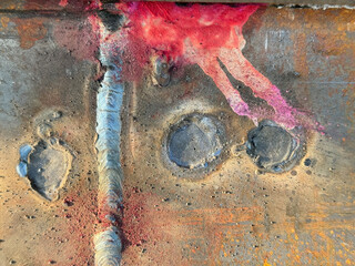 A piece of metal with red paint splattered on it