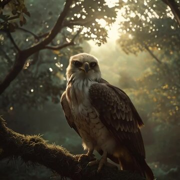 A dramatic, cinematic image of a majestic harpy eagle, also known as the Philippine eagle, perched on a thick, moss-covered branch in a dense, misty forest, surrounded by lush green foliage and toweri