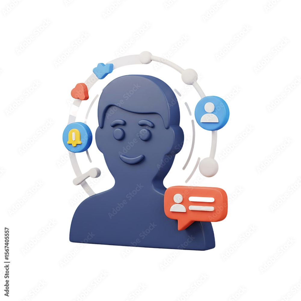 Poster stylized person with notification icons orbiting around, including message and alert icons on transp