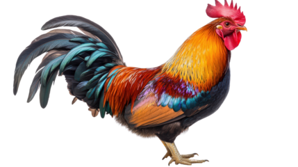 Colorful rooster with iridescent tail feathers, looking sideways Transparent background, PNG