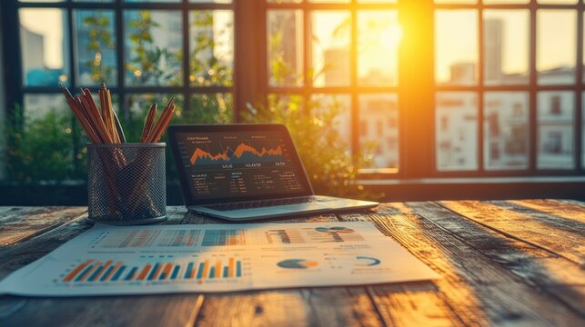 Laptop and charts with city backdrop bathed in sunlight