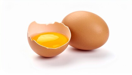 Cracked egg with bright yolk beside a whole egg &ndash; isolated food ingredients for recipe or kitchen prep