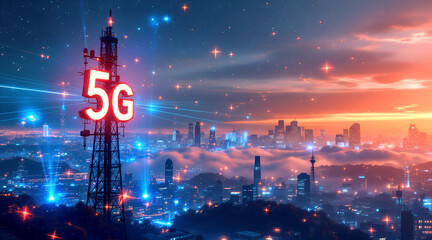 5G Network Tower Over Futuristic City at Sunset