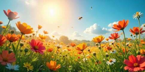 Obraz premium A vibrant sun shines down on a field of wildflowers, buzzing with bees; a scene of pure, unadulterated joy and blissful serenity , growth, positivity, vibrant colors