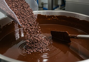 A person, likely a chocolatier or food production worker, is pouring cocoa nibs into melted chocolate in a factory setting, as a step in the chocolate making process.