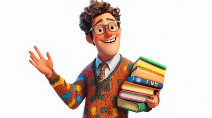 Animated friendly character holding books