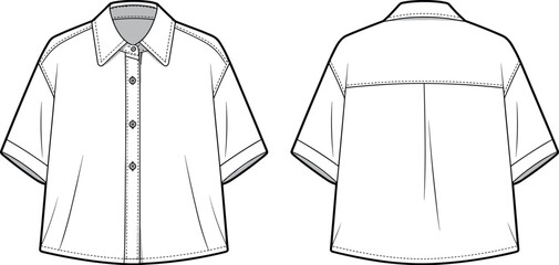 Flat Vector CAD Technical Drawing of Short Sleeve Button Down Shirt with Collar, Detailed Front and Back Fashion Sketch Design