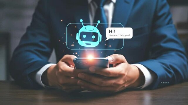 A businessman is using his smartphone to chat with a friendly chatbot interface - Powered by Adobe