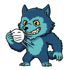 Cartoon blue werewolf with sharp teeth, yellow eyes, and mischievous grin, holding a white mask with a smiling face, standing in a confident pose with fur details and playful energy.
