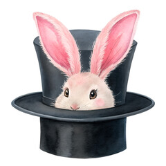 Pink eared bunny peeking from black top hat isolated on a transparent background rabbit ears