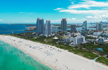 Miami Beach. Miami Beach city from top. South Beach from above. Drone of coastline scene. Shore of...
