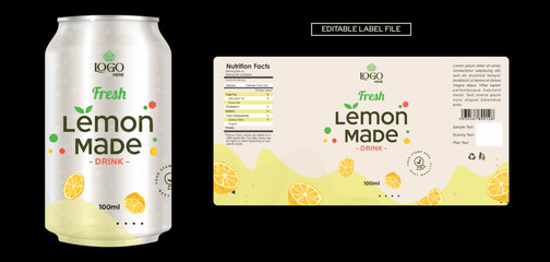 Lemon drink label design, Soft drink lemonade can label vector, Energy drink packaging, Fruit juice bottle label template product design