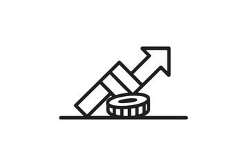 Stylized line art of a rising bar graph with a coin isolated on white background