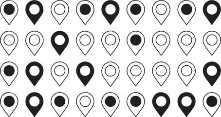 collection of black and white location pin icons in silhouette isolated on transparent background