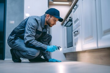 Pest control inspection professional checking kitchen area for insects and rodents