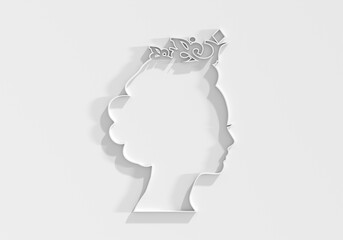 Profile view silhouette of a princess or queen. Cute girl portrait. Fashion branding emblem. 3D render