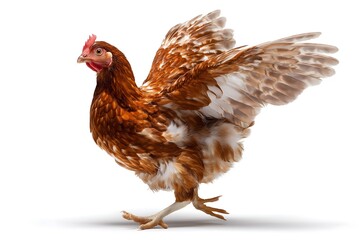 Fototapeta premium Running hen in side profile view, isolated on a clean white background.