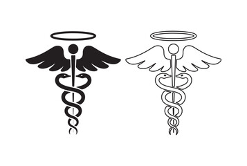 Two caduceus symbols with wings and halo isolated on white background