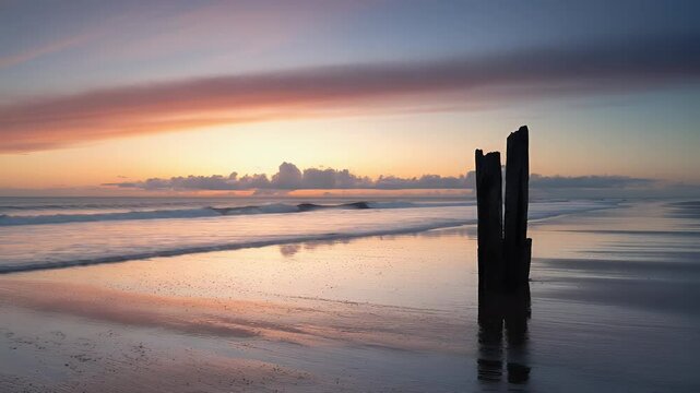 Tranquil sunrise beachscape calm ocean pastel sky wooden posts