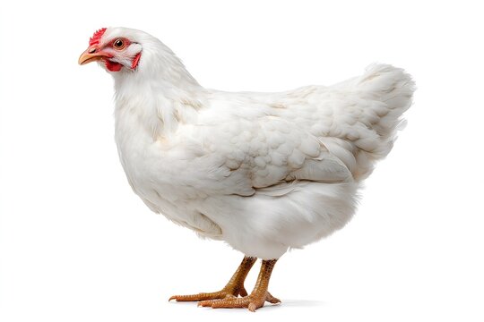 White broiler chicken standing on white background front view
