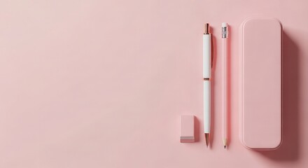 Pink stationery set flat lay on pink background