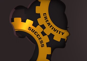 Influence of creativity on success. Cause and effect metaphor. Text on the gears with silhouette of woman face. 3D render