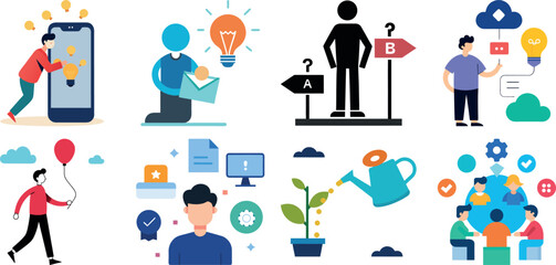 Set Of All good ideas. Set of vector illustrations of big idea, startup, creative and business idea, tips, brainstorming, project development