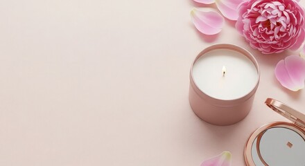 Beauty flat lay with candle and pink peony