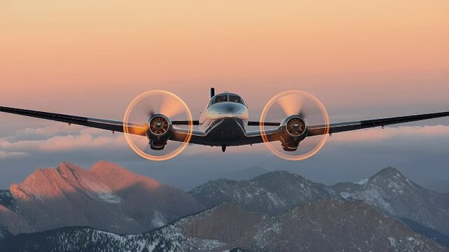 Twin propeller airplane flying over mountains at sunset