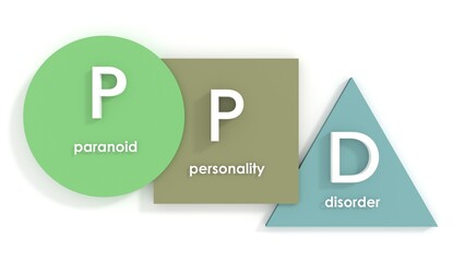 PPD - Paranoid Personality Disorder acronym. A mental disorder characterized by paranoia, and a pervasive, long-standing suspiciousness and generalized mistrust of others. 3D render