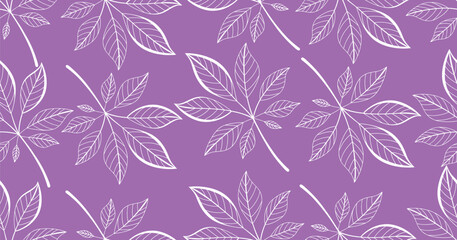 Elegant purple seamless leaf pattern featuring chestnut-style outlines, ideal for textile prints, wallpaper design, wrapping paper, eco packaging, and modern botanical surface decoration.
