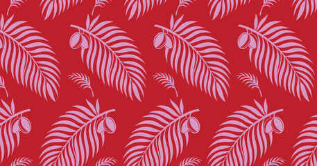 Seamless bold white tropical leaf pattern on vibrant red background, perfect for summer fabrics, exotic branding, jungle-themed designs, modern wallpapers, and creative packaging.