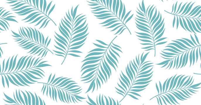 Seamless pastel blue palm leaf pattern on white background, ideal for tropical summer designs, botanical textiles, eco packaging, wallpaper, stationery, and modern digital prints.