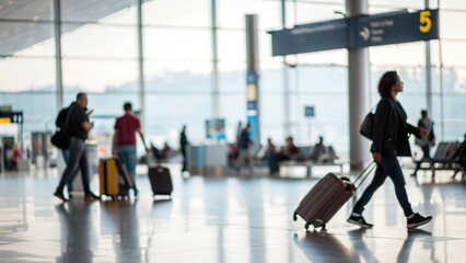 Fototapeta premium Defocused scene of busy airport lounge with passengers and luggage overhead 