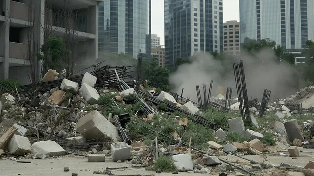 Urban demolition site concrete rubble and dust cloud in cityscape