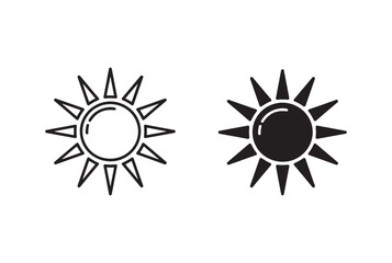 Two stylized sun icons one outlined and one solid black isolated on white background