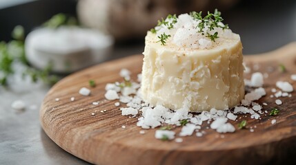 French cultured butter with sea salt flakes served on a wooden board.