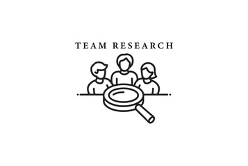 Team research icon with magnifying glass examining people isolated on white background