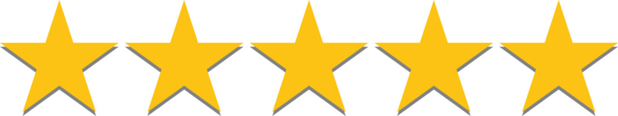 Five golden stars with subtle shadows representing a perfect five star rating isolated on transparent background
