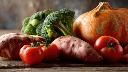 Autumn harvest vegetables on rustic wood