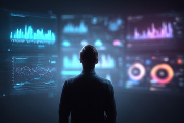 Person contemplates complex data visualizations.