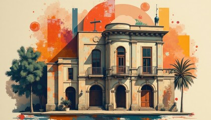 Naklejka premium A stylized illustration of a vintage building.