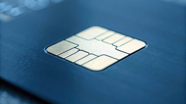 Blurred close-up of credit card chip on dark blue background emphasizing secure payment
