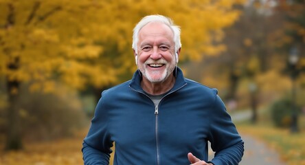 Obraz premium Smiling Senior Man Jogging in Autumn Park with Headphones, Active Lifestyle, Healthy Aging, Fall Foliage, Outdoor Exercise