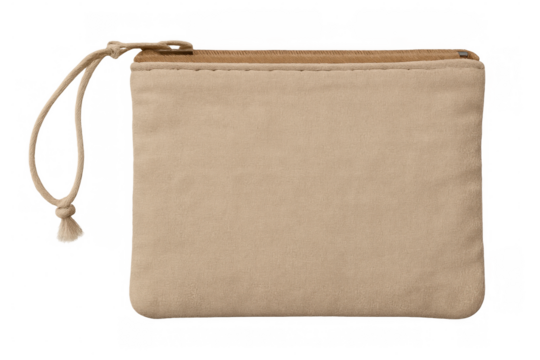 Closed beige cloth bag with zipper and rope, isolated on transparent background, perfect for mockups