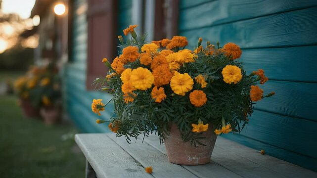 Vibrant marigolds in terracotta pot golden hour garden setting