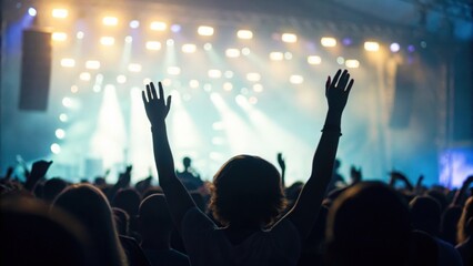 Abstract crowd motion with waving hands at brightly lit stage in festive atmosphere
