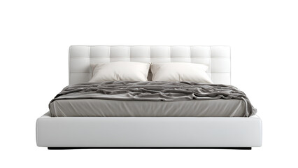 Fototapeta premium Modern white bed with tufted headboard and gray blanket isolated on transparent background