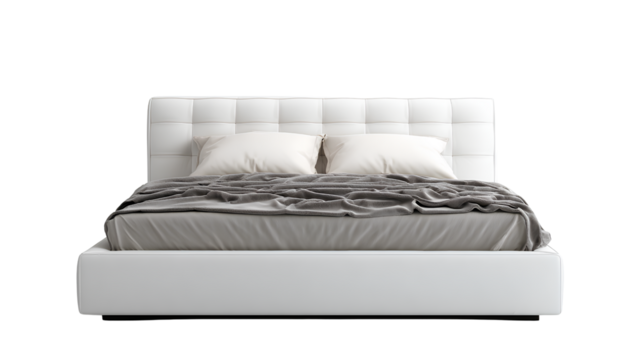 Modern white bed with tufted headboard and gray blanket isolated on transparent background