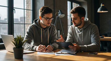 Two young men collaborating on a project, reviewing documents and using a tablet